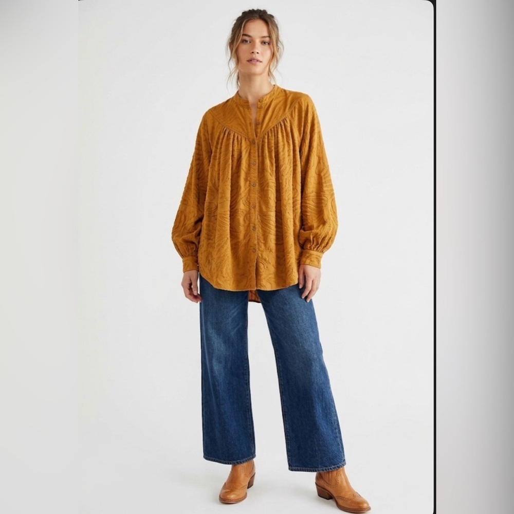 Free People Can't Stop Dreaming Tunic Top Mustard Yellow size xS oversized top